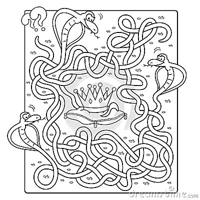 Maze or Labyrinth Game for Preschool Children. Puzzle. Tangled Road. Whose crown? Coloring Page Outline Of Cartoon Snakes with Vector Illustration