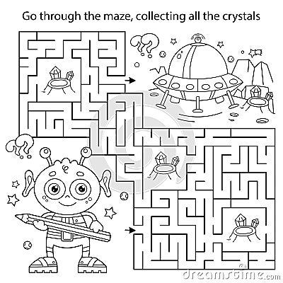 Maze or Labyrinth Game. Puzzle. Coloring Page Outline Of cartoon alien with a flying saucer on a planet in space. Coloring book Vector Illustration