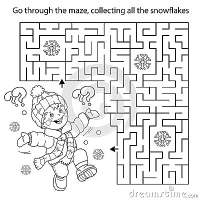 Maze or Labyrinth Game. Puzzle. Coloring Page Outline Of cartoon boy jumping for joy. First snow. Winter. Coloring book for kids Vector Illustration