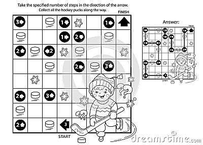 Maze or Labyrinth Game. Puzzle. Coloring Page Outline Of cartoon boy playing hockey. Winter sports. Coloring book for kids Vector Illustration