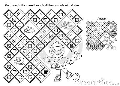 Maze or Labyrinth Game. Puzzle. Coloring Page Outline Of cartoon boy skating. Winter sports. Coloring book for kids Vector Illustration