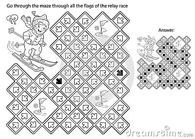 Maze or Labyrinth Game. Puzzle. Coloring Page Outline Of cartoon boy skiing. Winter sports. Coloring book for kids Vector Illustration