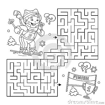 Maze or Labyrinth Game. Puzzle. Coloring Page Outline Of cartoon boy skiing. Winter sports. Coloring book for kids Vector Illustration