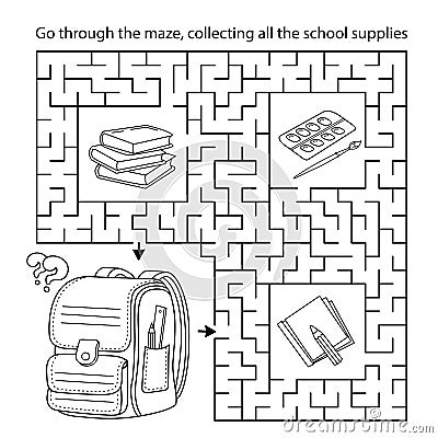 Maze or Labyrinth Game. Puzzle. Coloring Page Outline Of cartoon children satchel or knapsack with books or textbooks. School Vector Illustration