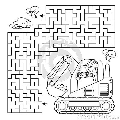 Maze or Labyrinth Game. Puzzle. Coloring Page Outline Of cartoon crawler excavator. Construction vehicles. Profession. Coloring Vector Illustration