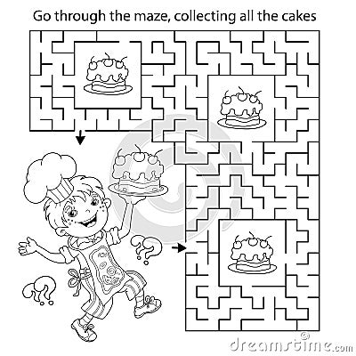 Maze or Labyrinth Game. Puzzle. Coloring Page Outline Of cartoon fun boy chef with cake. Little cook or scullion. Profession. Vector Illustration