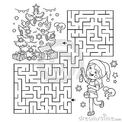 Maze or Labyrinth Game. Puzzle. Coloring Page Outline Of cartoon girl decorating the Christmas tree. Christmas. New year. Coloring Vector Illustration