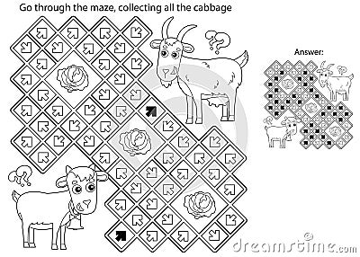 Maze or Labyrinth Game. Puzzle. Coloring Page Outline Of cartoon goat with goatling or kid. Farm animals with their cubs. Coloring Vector Illustration