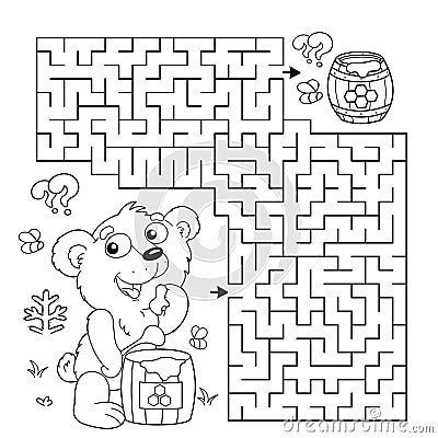 Maze or Labyrinth Game. Puzzle. Coloring Page Outline Of cartoon little bear cub with barrel of honey. Coloring book for kids Vector Illustration