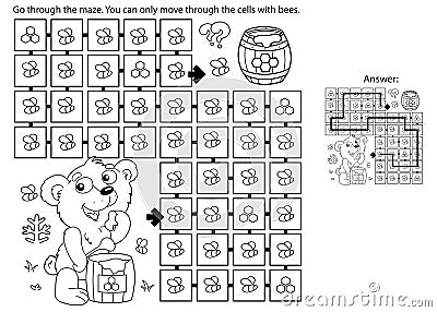 Maze or Labyrinth Game. Puzzle. Coloring Page Outline Of cartoon little bear cub with barrel of honey. Coloring book for kids Vector Illustration