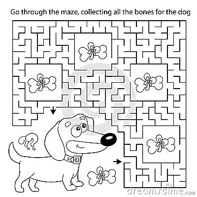 Maze or Labyrinth Game. Puzzle. Coloring Page Outline Of cartoon little dog with bone. Dachshund puppy. Coloring book for kids Vector Illustration