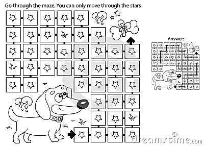 Maze or Labyrinth Game. Puzzle. Coloring Page Outline Of cartoon little dog with bone. Dachshund puppy. Coloring book for kids Vector Illustration