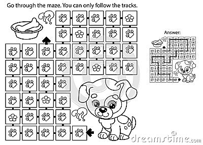 Maze or Labyrinth Game. Puzzle. Coloring Page Outline Of cartoon little dog with bone. Puppy. Coloring book for kids Vector Illustration