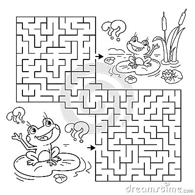 Maze or Labyrinth Game. Puzzle. Coloring Page Outline Of cartoon little frogs. Two fun friends. Coloring book for kids Vector Illustration