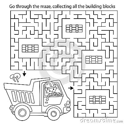 Maze or Labyrinth Game. Puzzle. Coloring Page Outline Of cartoon lorry or dump truck. Construction vehicles. Coloring book for Vector Illustration