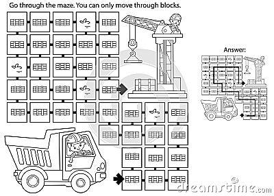 Maze or Labyrinth Game. Puzzle. Coloring Page Outline Of cartoon lorry or dump truck. Elevating crane on build. Construction Vector Illustration