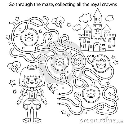 Maze or Labyrinth Game. Puzzle. Coloring Page Outline Of cartoon lovely prince. Beautiful young king. Royal castle or palace. Vector Illustration