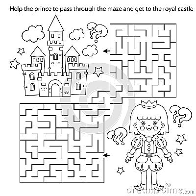 Maze or Labyrinth Game. Puzzle. Coloring Page Outline Of cartoon lovely prince. Beautiful young king. Royal castle or palace. Vector Illustration