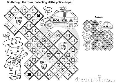 Maze or Labyrinth Game. Puzzle. Coloring Page Outline Of cartoon policeman with car. Profession - police. Coloring book for kids Vector Illustration