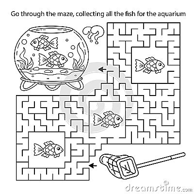 Maze or Labyrinth Game. Puzzle. Coloring Page Outline Of cartoon round glass aquarium with color fish. Coloring book for kids Vector Illustration