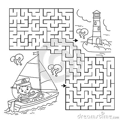 Maze or Labyrinth Game. Puzzle. Coloring Page Outline Of cartoon sail ship with sailor. Profession. Coloring book for kids. Vector Illustration