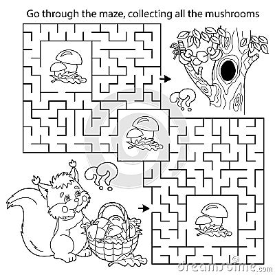 Maze or Labyrinth Game. Puzzle. Coloring Page Outline Of cartoon squirrel with basket of mushrooms. Tree hollow. Coloring book for Vector Illustration