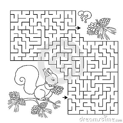 Maze or Labyrinth Game. Puzzle. Coloring Page Outline Of cartoon squirrel with fir cones. Coloring book for kids Vector Illustration