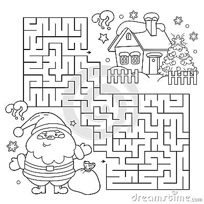 Maze or Labyrinth Game. Puzzle. Coloring Page Outline Of Santa Claus with gifts bag and Christmas tree. New year. Christmas. Vector Illustration