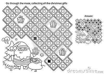 Maze or Labyrinth Game. Puzzle. Coloring Page Outline Of Santa Claus with gifts bag and Christmas tree. New year. Christmas. Vector Illustration