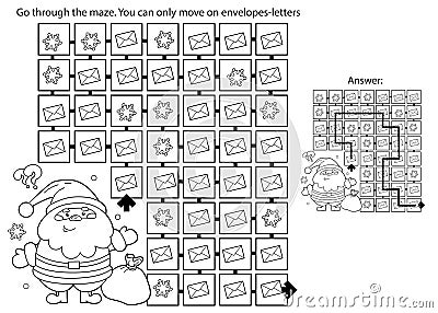 Maze or Labyrinth Game. Puzzle. Coloring Page Outline Of Santa Claus with gifts bag and Christmas tree. New year. Christmas. Vector Illustration