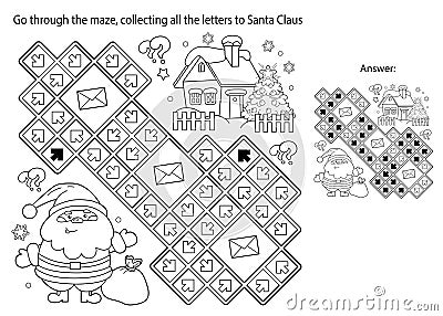 Maze or Labyrinth Game. Puzzle. Coloring Page Outline Of Santa Claus with gifts bag and Christmas tree. New year. Christmas. Vector Illustration