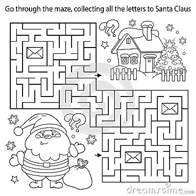 Maze or Labyrinth Game. Puzzle. Coloring Page Outline Of Santa Claus with gifts bag and Christmas tree. New year. Christmas. Vector Illustration