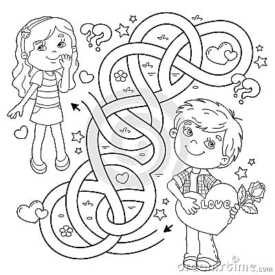 Maze or Labyrinth Game. Puzzle. Tangled road. Coloring Page Outline Of cartoon boy with heart and cute girl. Valentine`s day. Vector Illustration