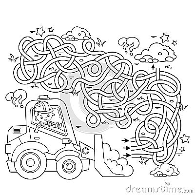 Maze or Labyrinth Game. Puzzle. Tangled road. Coloring Page Outline Of cartoon bulldozer. Construction vehicles. Profession. Vector Illustration