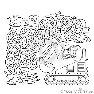 Maze or Labyrinth Game. Puzzle. Tangled road. Coloring Page Outline Of cartoon crawler excavator. Construction vehicles. Vector Illustration