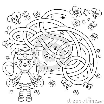 Maze or Labyrinth Game. Puzzle. Tangled road. Coloring Page Outline Of cartoon flower fairy with magic wand. Little kind wizard or Vector Illustration