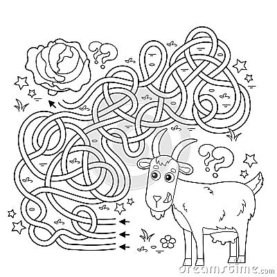 Maze or Labyrinth Game. Puzzle. Tangled road. Coloring Page Outline Of cartoon goat with cabbage. Farm animals. Coloring book for Vector Illustration