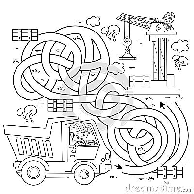 Maze or Labyrinth Game. Puzzle. Tangled road. Coloring Page Outline Of cartoon lorry or dump truck. Elevating crane on build. Vector Illustration