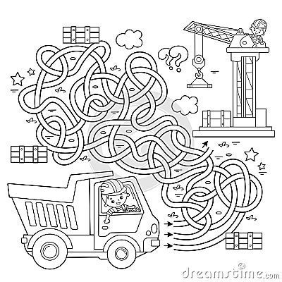 Maze or Labyrinth Game. Puzzle. Tangled road. Coloring Page Outline Of cartoon lorry or dump truck. Elevating crane on build. Vector Illustration