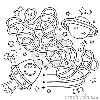 Maze or Labyrinth Game. Puzzle. Tangled Road. Coloring Page Outline Of Cartoon rocket in space. Coloring book for kids Vector Illustration