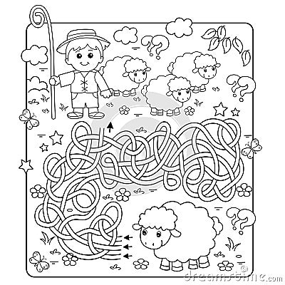 Maze or Labyrinth Game. Puzzle. Tangled road. Coloring Page Outline Of cartoon shepherd with flock of sheep. Farm animals. Vector Illustration