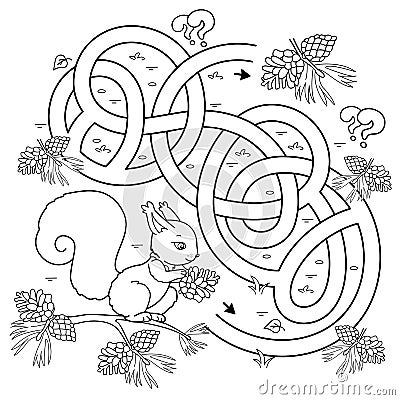 Maze or Labyrinth Game. Puzzle. Tangled road. Coloring Page Outline Of cartoon squirrel with fir cones. Coloring book for kids Vector Illustration