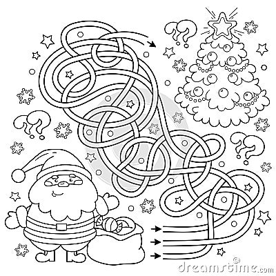 Maze or Labyrinth Game. Puzzle. Tangled Road. Coloring Page Outline Of Santa Claus with gifts bag and Christmas tree. New year. Vector Illustration