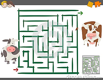 Maze leisure game with cows Vector Illustration