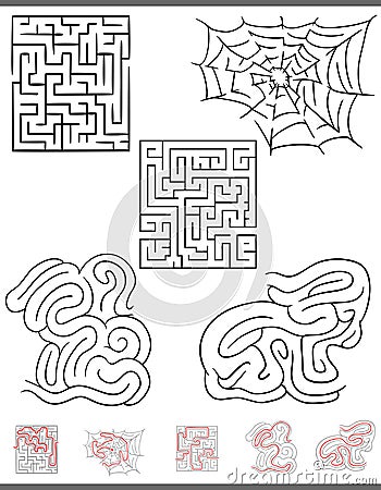 Maze leisure game graphics set with solutions Vector Illustration