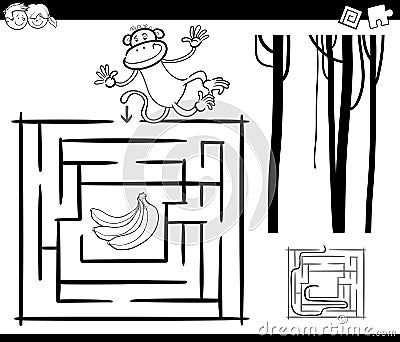 Maze with monkey coloring page Vector Illustration