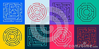 Maze path. Round labyrinth riddle with wrong way and right way, labyrinth puzzle with gate and deadlock, maze game Vector Illustration