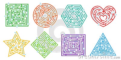 Maze puzzle games in different shapes, simple labyrinths for kids. Route finding game, labyrinth puzzles, find path riddles vector Stock Photo