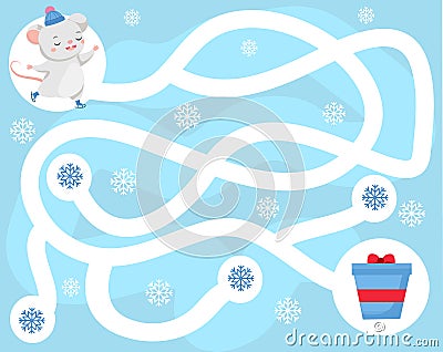 Maze puzzle. Help mouse find gift. Activity for kids. educational children game. Winter theme worksheet Vector Illustration