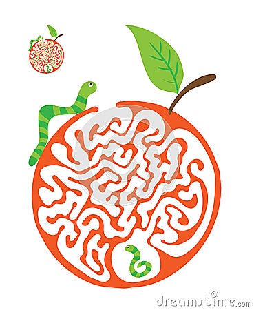 Maze puzzle for kids with caterpillars and apple. Labyrinth illustration, solution included. Vector Illustration